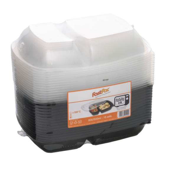 Combo pack 2 compartments rectangular container Black+ lid 1300ml