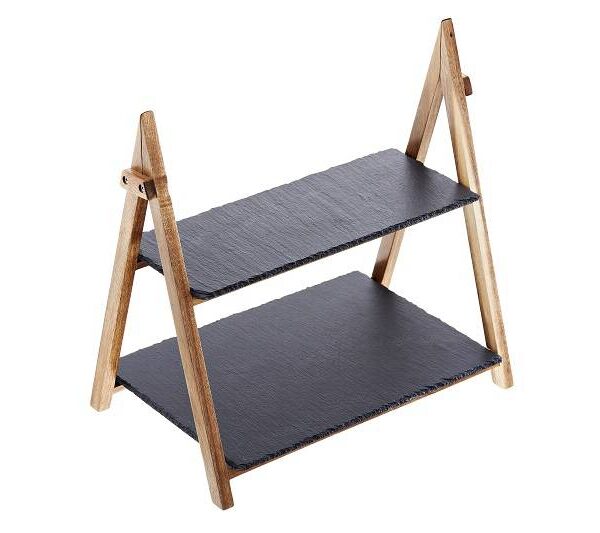 Duo Stand in acacia con ripiani in ardesia